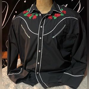 COOFANDY Men's Cowboy Shirts Embroidered Rose Design Shirt Western Long Sleeve